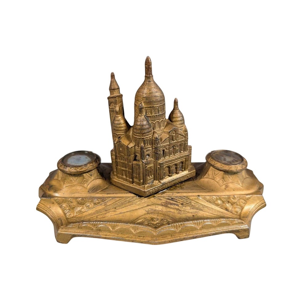 Antique Sacre-Coeur Basilica Paris Bronze Double Inkwell French Victorian Era
